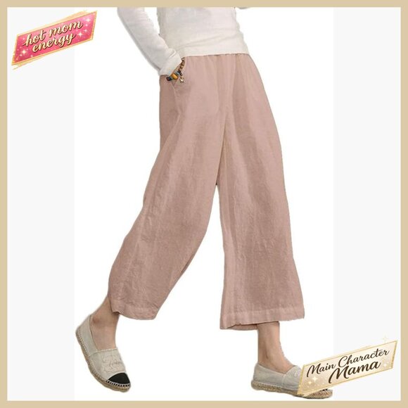 Pants - Cotton Cropped Palazzo Pants Loose Fit Wide Leg Casual Elegant Summer